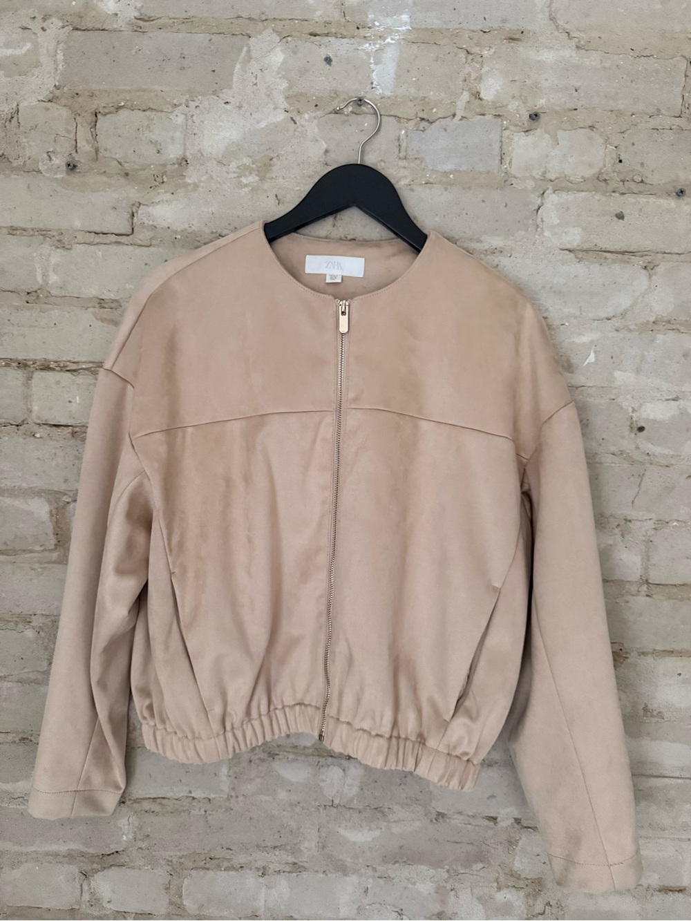 Zara Faux Suede Collarless Zip Bomber Jacket in Taupe